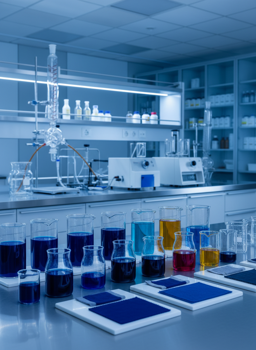 title Professional photography of chemical laboratory equipment with textile dye samples, glass beakers filled with colorful liquid chemicals, modern industrial chemistry setting, clean and sophisticated, blue tones, high-end corporate feel